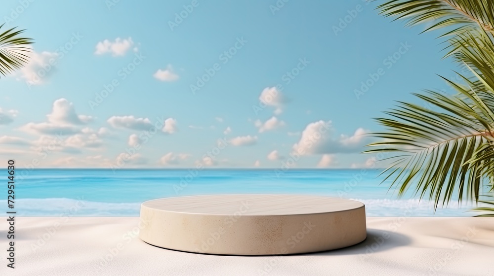 Obraz premium Summer sand and tropical sea background with abstract pedestal scene