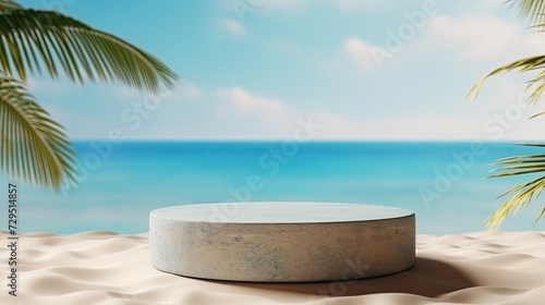Summer sand and tropical sea background with abstract pedestal scene