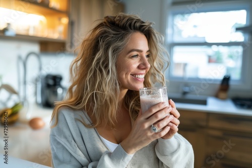 Fitness vegan woman drinking some green juice in her kitchen. Young woman serving herself wholesome smoothie vegan food at home. Taking care of her aging body with a plant-based diet.