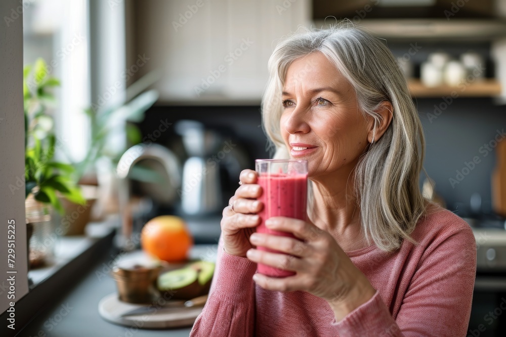 Healthy senior woman smiling while holding some red juice in her kitchen. Mature woman serving herself wholesome smoothie vegan food at home. Taking care of her aging body with a plant-based diet. Healthy senior woman smiling while holding some red juice in her kitchen. Mature woman serving herself wholesome smoothie vegan food at home. Taking care of her aging body with a plant-based diet.