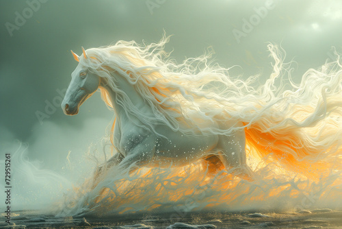 white horse in the style of baroque sci-fi, detailed atmospheric portraits, translucent resin waves, light white and light orange, intricate illustrations, delicate portraits