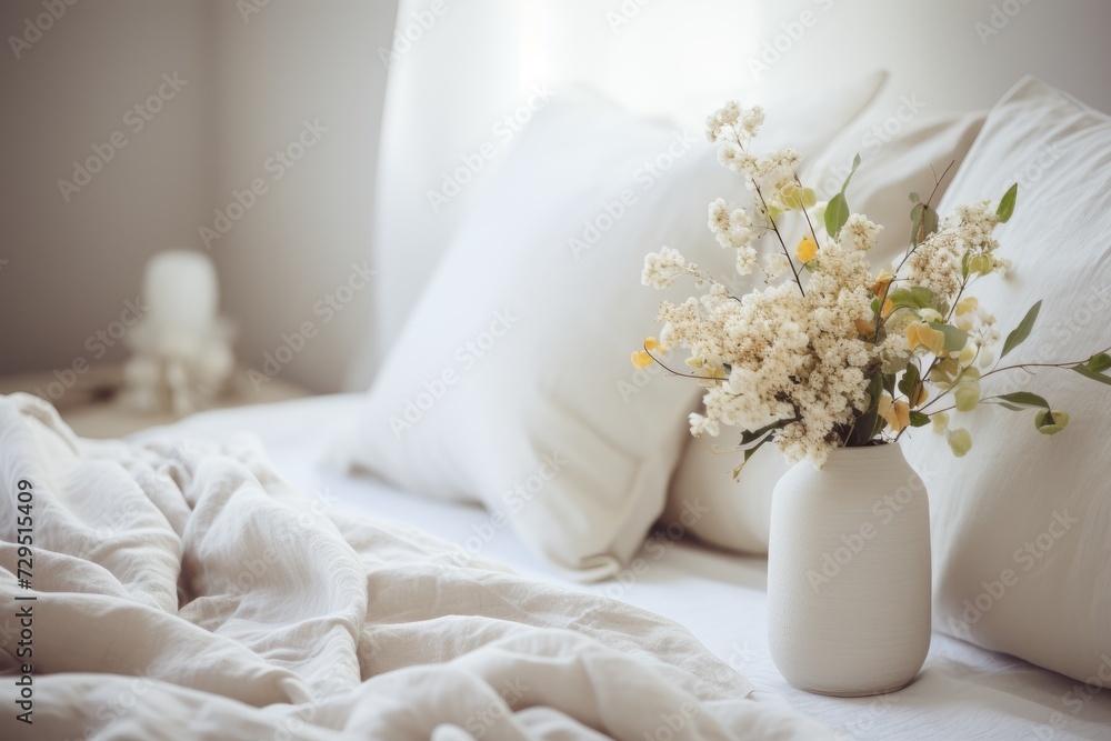 A white vase filled with vibrant flowers sits gracefully on top of a neatly made bed.
