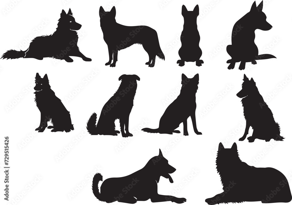 Set of black silhouette Dogs on white background