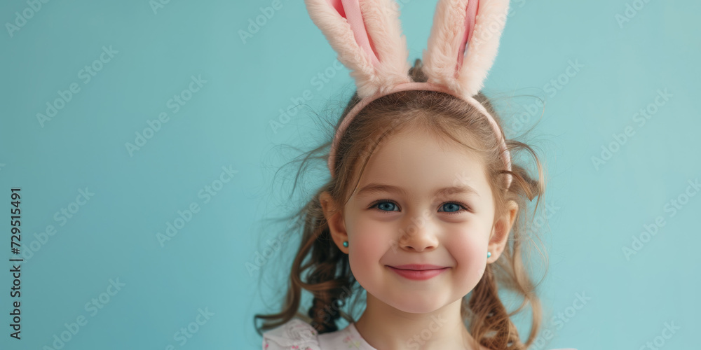 Fun little girl with pink bunny ears on a coloured background smiling with space for your text, Easter holiday Fun little girl with pink bunny ears on a coloured background smiling with space for your text, Easter holiday