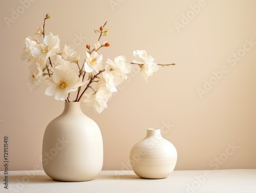 Two white vases are placed on a table, showcasing their elegant design and adding an artistic touch to the room.