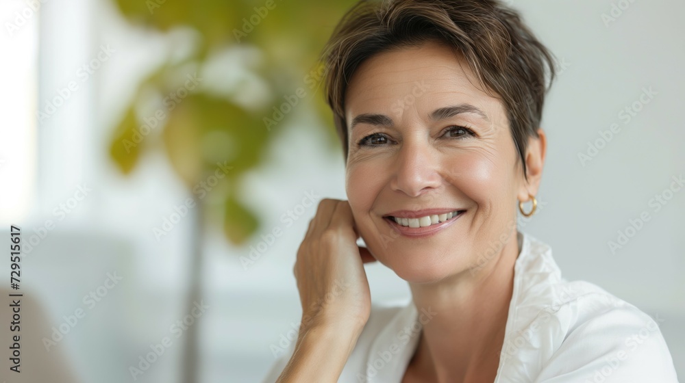 Beautiful 50s mid aged brunette mature woman with glowing skin looking at camera isolated on white touching face Beautiful 50s mid aged brunette mature woman with glowing skin looking at camera isolated on white touching face