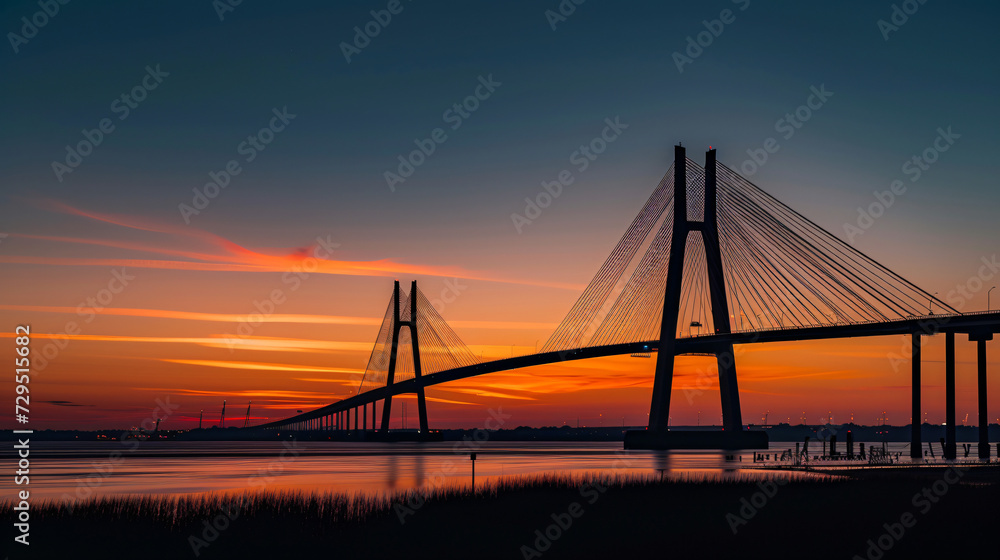 An iconic suspension bridge at sunset its cables creating a dramatic silhouette against the sky.