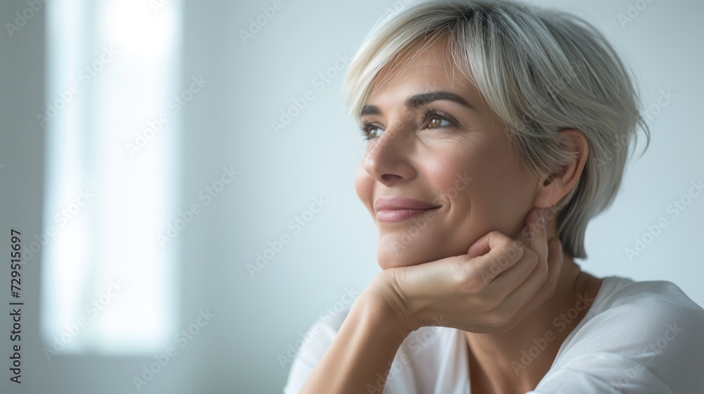 Beautiful 50s mid aged mature woman looking at camera isolated on white touching her gorgeous face Beautiful 50s mid aged mature woman looking at camera isolated on white touching her gorgeous face
