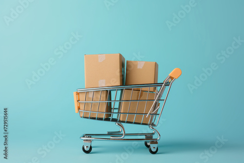 For products with cardboard boxes in it on a Blue background the concept of discounts and promotions online shopping