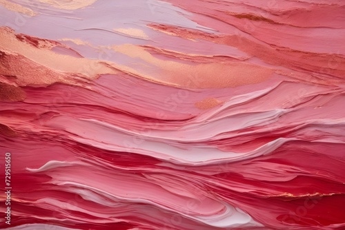 Closeup of abstract horizontal pink, peach pink texture background. Visible oil, acrylic brushstroke, pallet knife paint on canvas. Contemporary art painting.