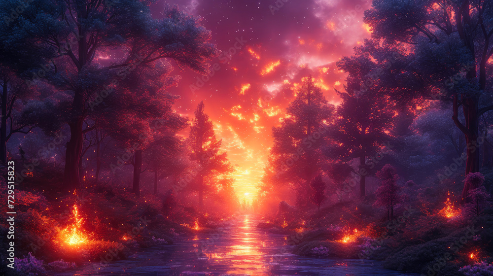 Nocturnal Woodland Haven with Bonfire Glow Nocturnal Woodland Haven with Bonfire Glow