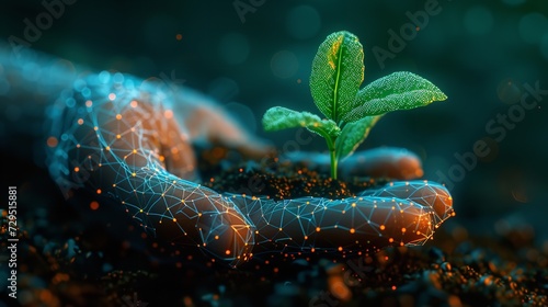 A technical hand holding little plant with a big empty space, Generative AI. photo