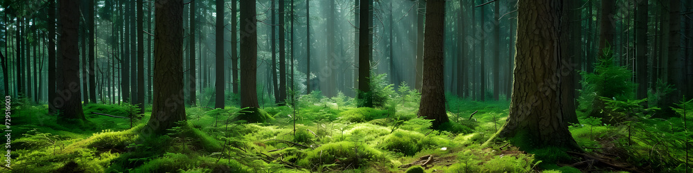 Fototapeta premium bamboo forest in the morning, sunset. pine. green relaxing. background, horizontal, landing page, banner