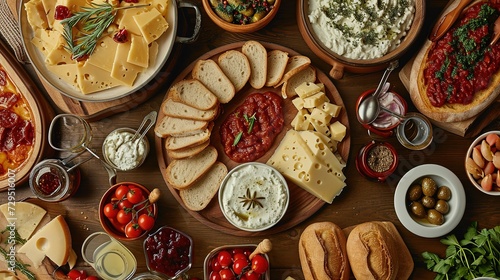 Overhead view of a lavish spread featuring an assortment of cheeses, cured meats, bread, dips, and garnishes, perfect for entertaining.