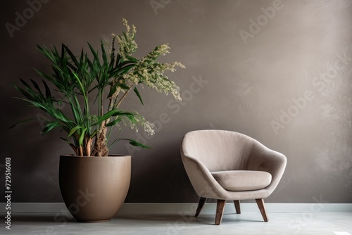 An interior photograph depicting a simple chair positioned beside a potted plant in a room with natural lighting.