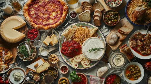 Overhead view of a bountiful Italian feast with a large cheese pizza, various pasta dishes, cheeses, and traditional accompaniments.