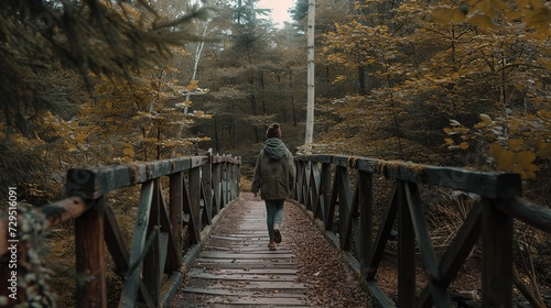 A lone individual embarks on a tranquil walk over a rustic wooden bridge amidst the serene beauty of an autumnal forest.