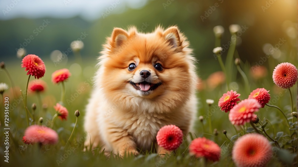 Cute Fluffy Pedigree Pomeranian Dog Runs Across Summer Green Lawn with flowers. blur background