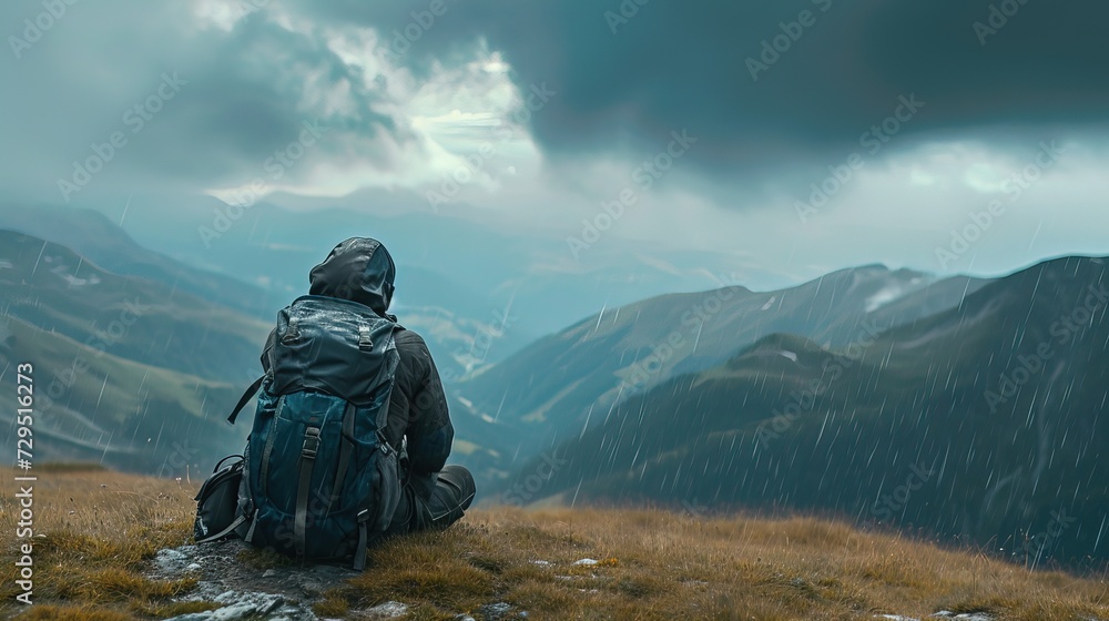 A lone hiker sits in contemplation, overlooking vast mountain ranges under the somber sky, as a gentle rain falls, enhancing the introspective atmosphere.