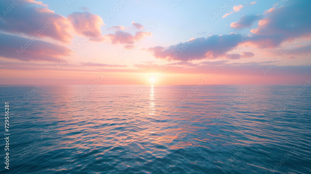 An inspiring sunrise over a calm ocean with soft hues painting the sky and reflecting on the water.