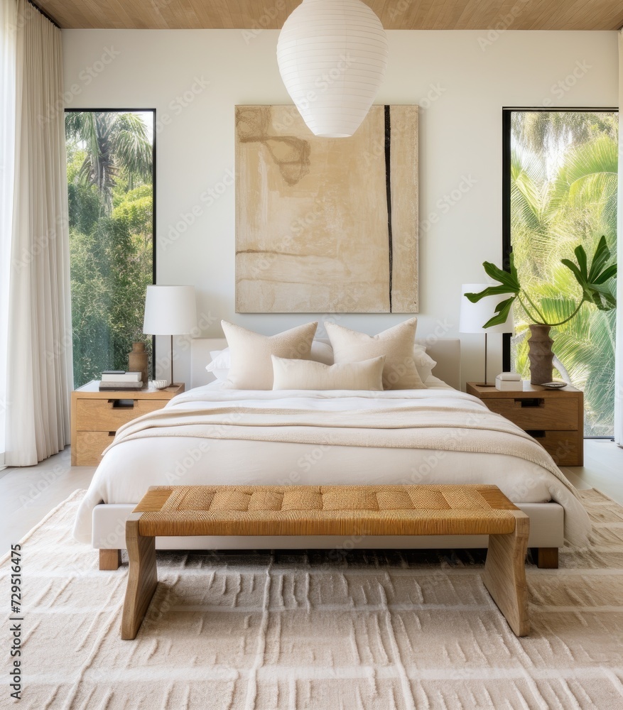 Fototapeta premium A spacious bedroom with a generously-sized bed and a captivating painting hung on the wall.