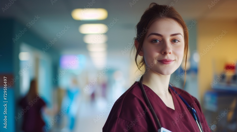 a female nurse wearing magenta colored scrubs in a hospital a female nurse wearing magenta colored scrubs in a hospital