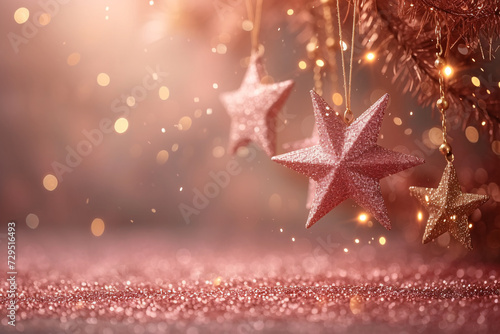 Birthday Background Pastel Peach Colours delicate powder pink Glitter Stars hang with soft caramel brown copy space  © Microstocke