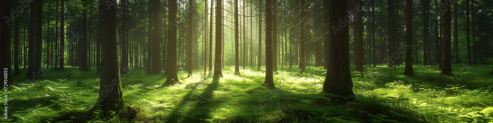 Fototapeta premium bamboo forest in the morning, sunset. pine. green relaxing. background, horizontal, landing page, banner
