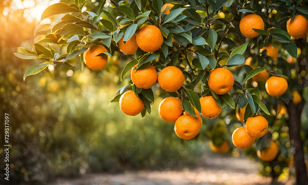 Abundant orange tree with ripe oranges in focus foreground, garden setting background
