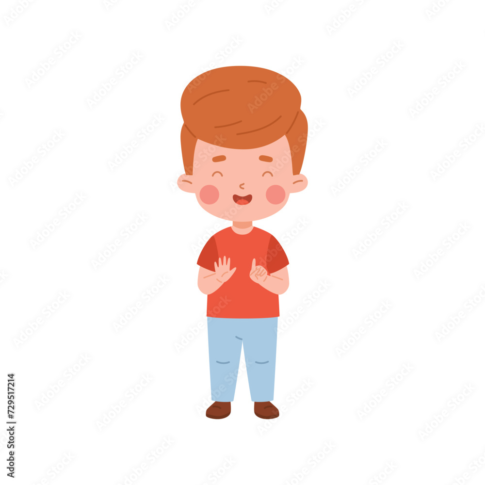 Kid counting to six, vector cute preschool boy showing 6 fingers gesture to count and study numbers, arithmetic math
