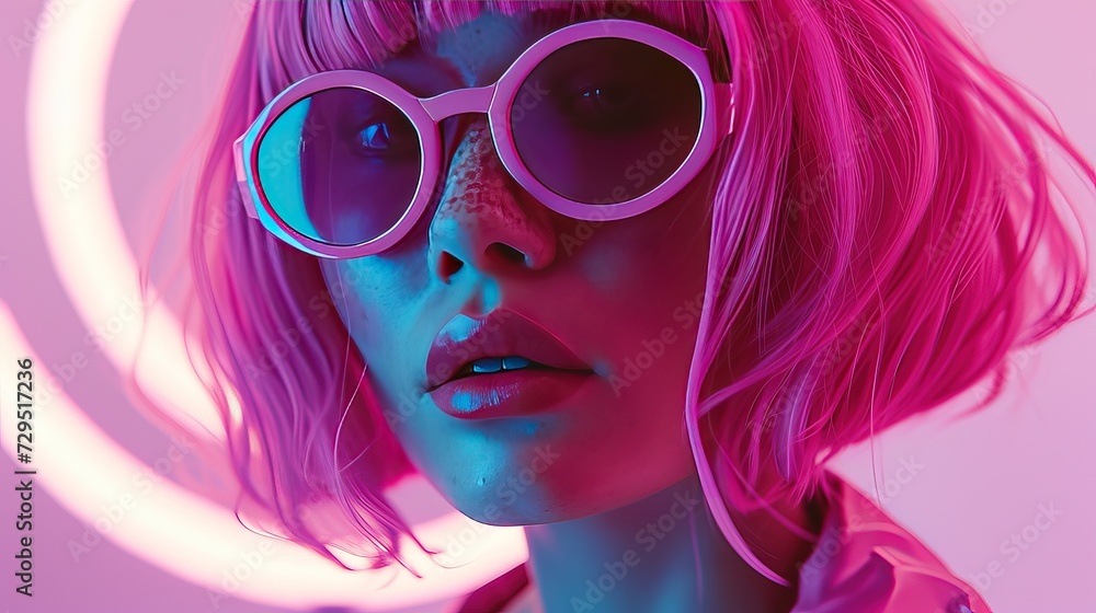 Close-up of a woman with striking neon pink hair and oversized sunglasses, illuminated by vibrant neon light.