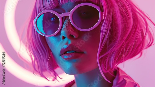 Close-up of a woman with striking neon pink hair and oversized sunglasses  illuminated by vibrant neon light.