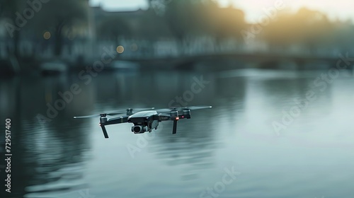 A modern drone hovers above a river reflecting the soft lights of an urban environment during twilight. © Sodapeaw