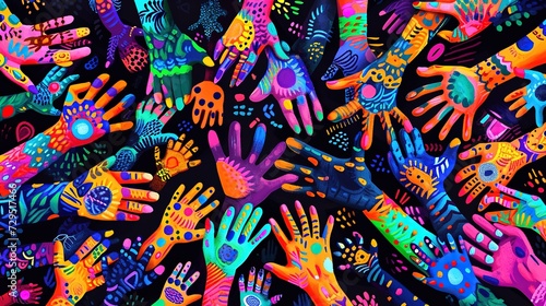A vivid explosion of neon-painted handprints with intricate tribal patterns  creating a visually striking mural on a black background.