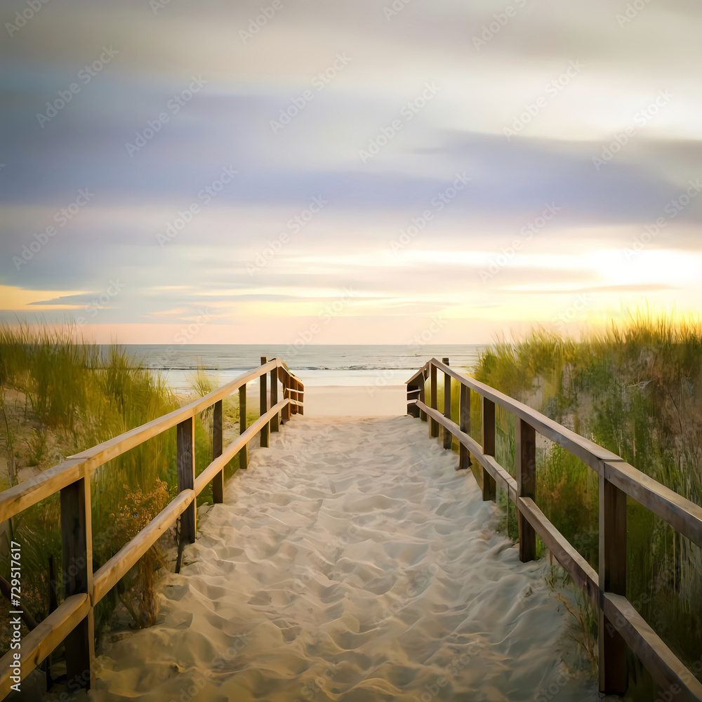 Obraz premium Blank Wooden Planks Framed by a Dreamy Blur of Beach and Sea - A Captivating Canvas of Tranquility.
