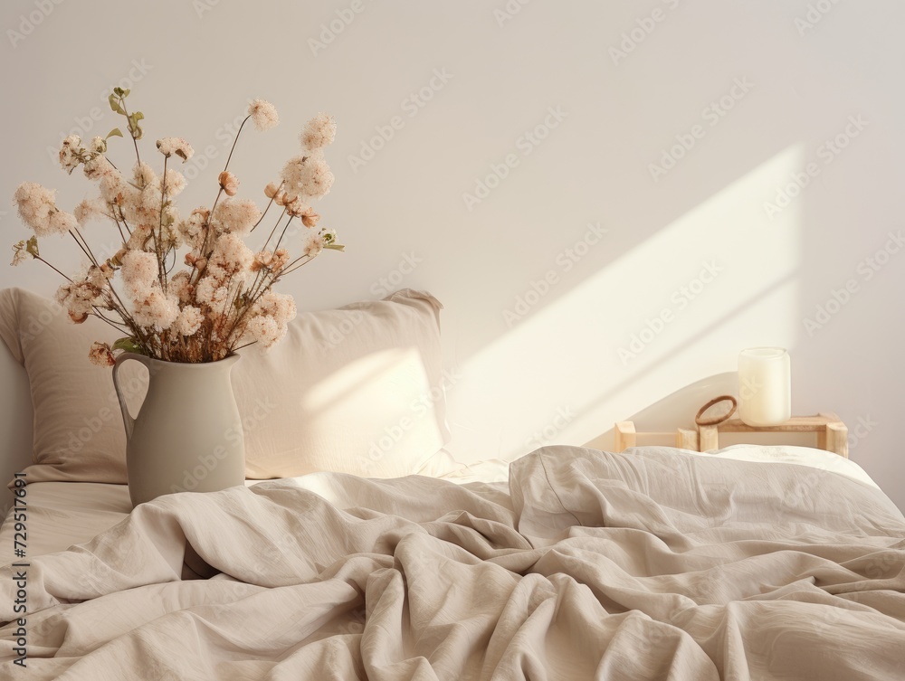 A photo capturing a vase filled with colorful flowers placed on a bed surface.