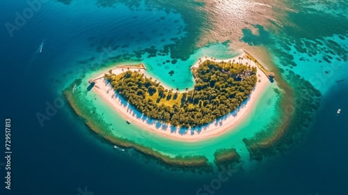 Beautiful shot of a private island in the middle of the ocean. Maldive Islands famous tourist destination. Small islands with sand and palms shot from above. © Valua Vitaly