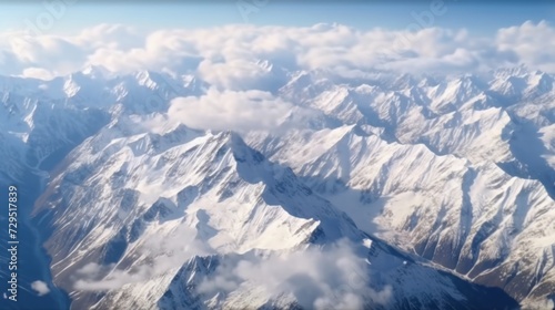 Snowy Swiss Mountains from above on a beautiful day. Scenic Landscape of mountains. Beautiful drone shot of the mountains. Nature composition. Beautiful natural landscape.