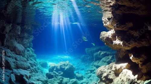 Underwater view of the rocks in the Mediterranean Sea. Beautiful seascape with turquoise sea water. Composition of nature. Beautiful seascape with crystal clear water. 3d render