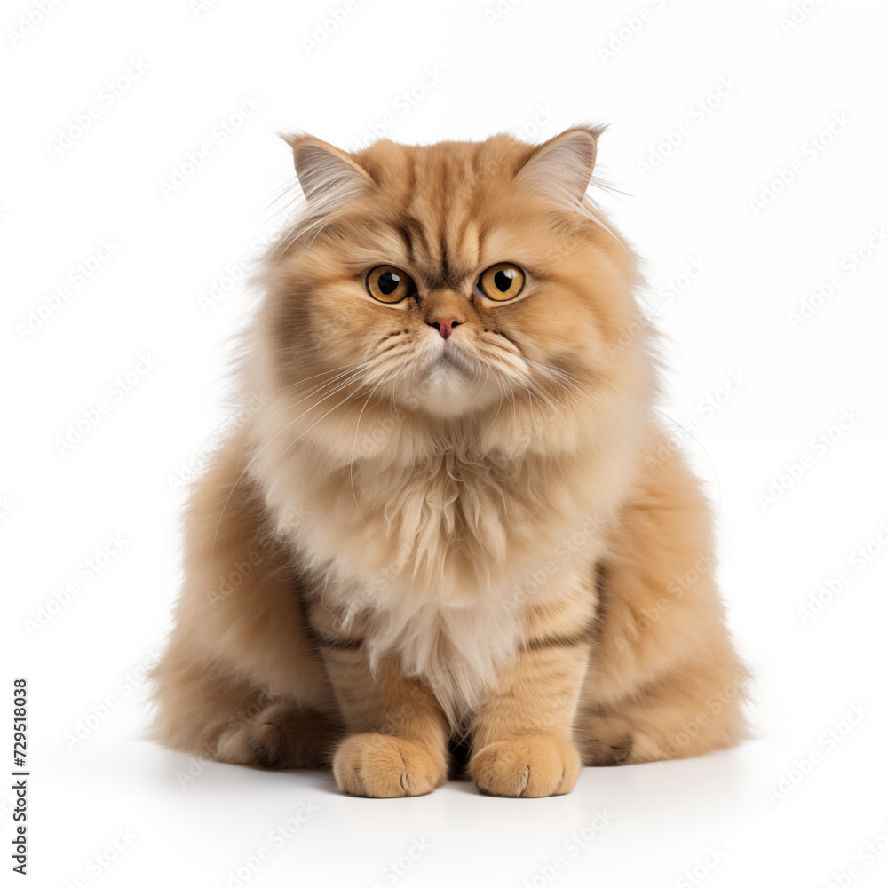  Cute fat fluffy Scottish cat on white background.Generative AI Illustration