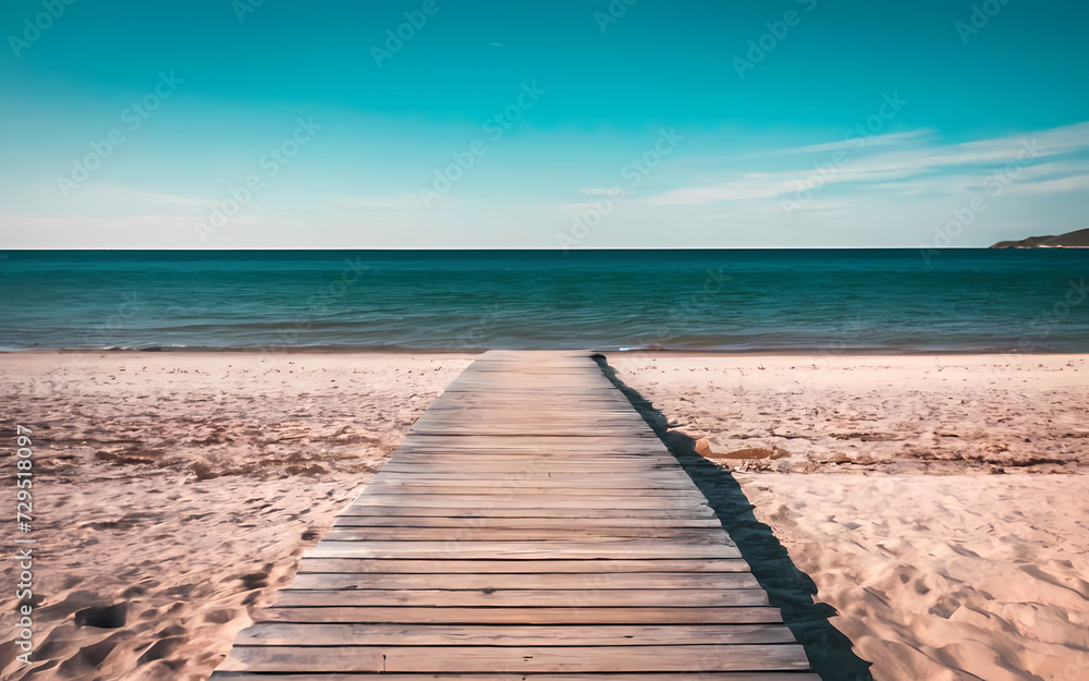 Blank Wooden Planks Framed by a Dreamy Blur of Beach and Sea - A Captivating Canvas of Tranquility. Blank Wooden Planks Framed by a Dreamy Blur of Beach and Sea - A Captivating Canvas of Tranquility.