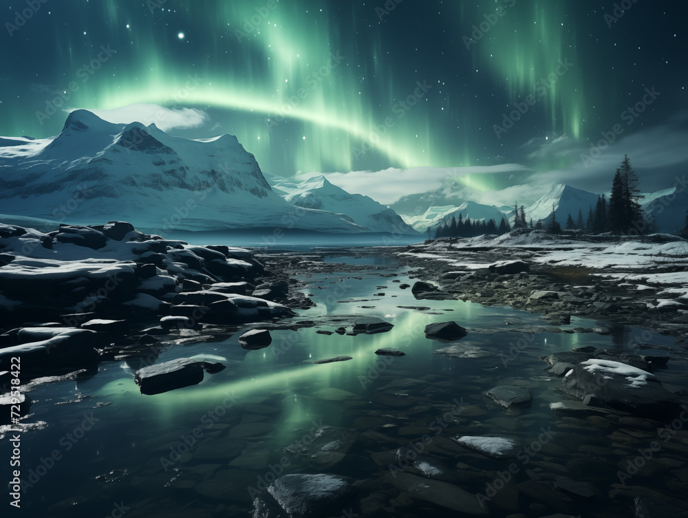 green aurora borealis, polar lights over ice and snow mountain landscape, generative ai