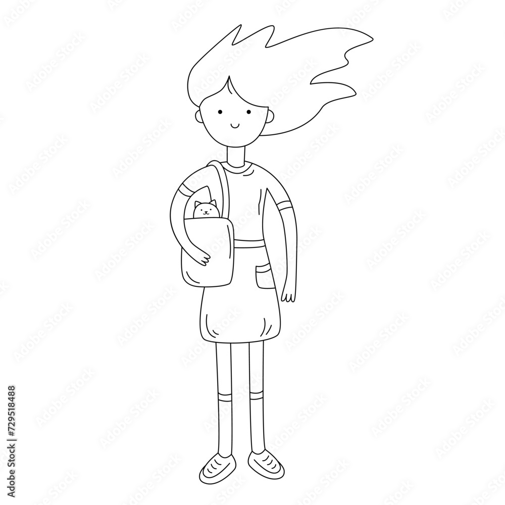 Girl with kitten in bag. Vector illustration. Cartoon character of little girl with flowing hair. Hand drawn sketch doodle style. Linear drawing of child with pet. Girl with kitten in bag. Vector illustration. Cartoon character of little girl with flowing hair. Hand drawn sketch doodle style. Linear drawing of child with pet.