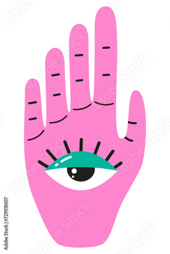 Pink hand for meditation with an eye on the palm, esoteric for paranormal phenomena, tarot reader, astrologer. Retro pop sticker. Flat doodle style. Vector illustration.