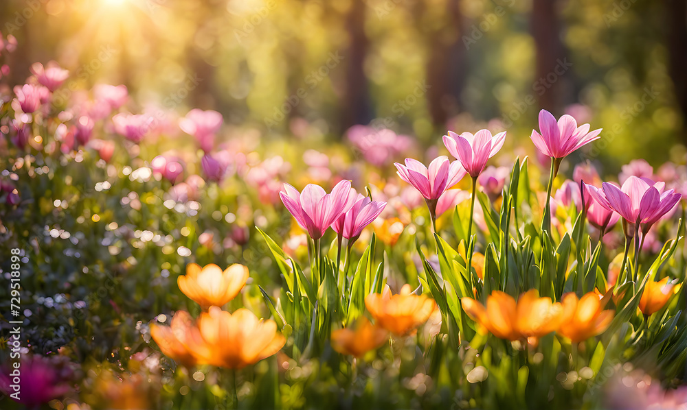 Sunny spring field: Vibrant flowers under the sun Sunny spring field: Vibrant flowers under the sun