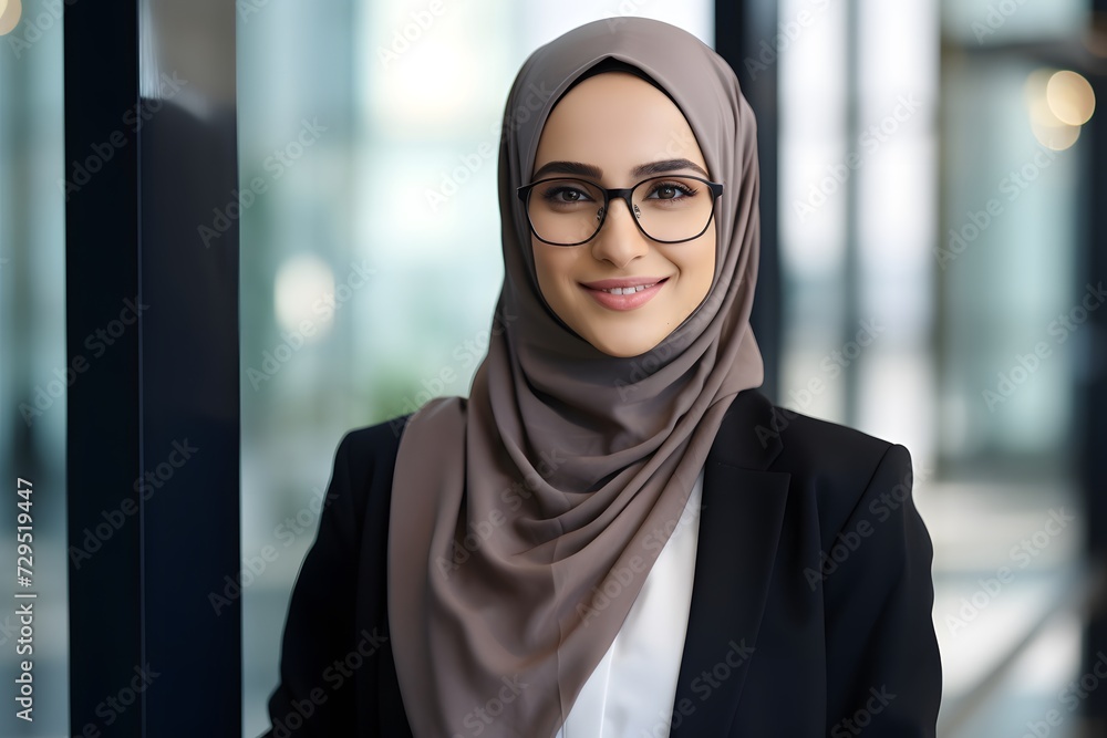 a businesslike Muslim young woman in hijab and glasses,standing in the office and smiling,the concept of combating discrimination,the success and independence of Muslim women,cultural diversity a businesslike Muslim young woman in hijab and glasses,standing in the office and smiling,the concept of combating discrimination,the success and independence of Muslim women,cultural diversity