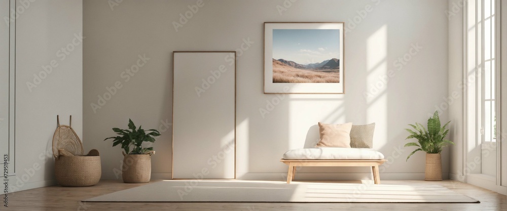 Poster on wall mockup ,modern living room poster mockup ,picture frame on floor ,wooden floor ,poster mockup.
