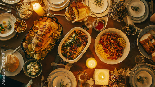 An overhead shot of a family dinner table during the holidays filled with various dishes showcasing the joy of sharing and tradition.