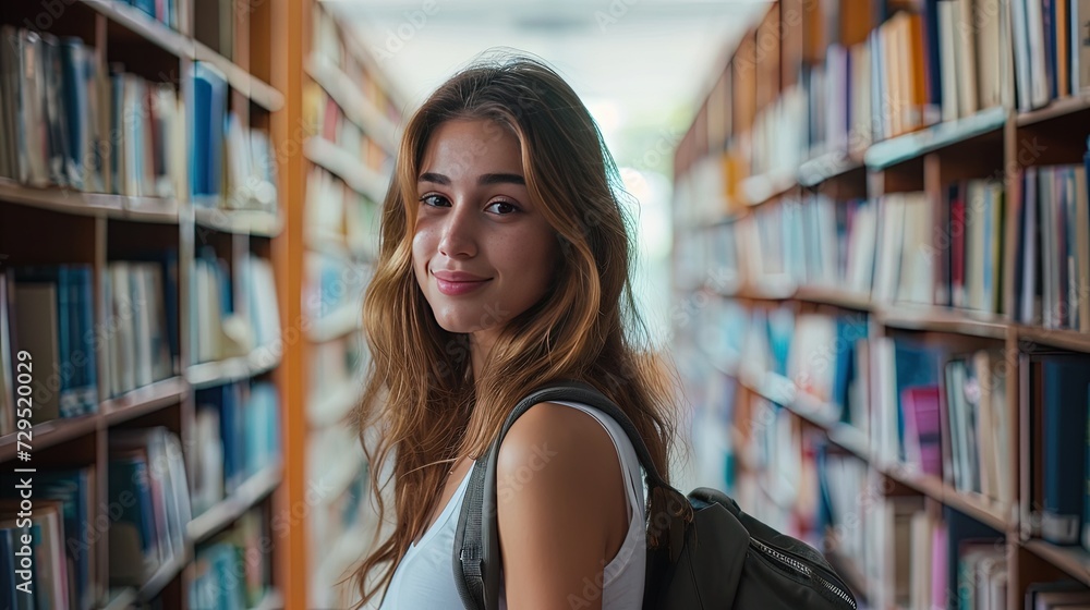 Portrait of female student in university library ready for learning. Education concept. Curiosity fuels her as she delves into the world of books. Portrait of female student in university library ready for learning. Education concept. Curiosity fuels her as she delves into the world of books.