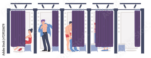 People trying on clothes in fitting rooms in store.